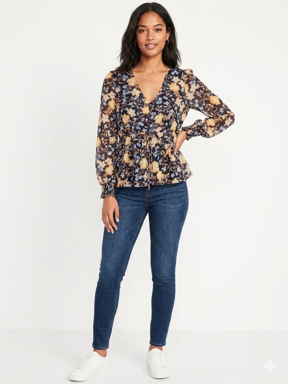 Old Navy NWOT Floral V-Neck Peplum Blouse - Black with Yellow & Blue Flowers